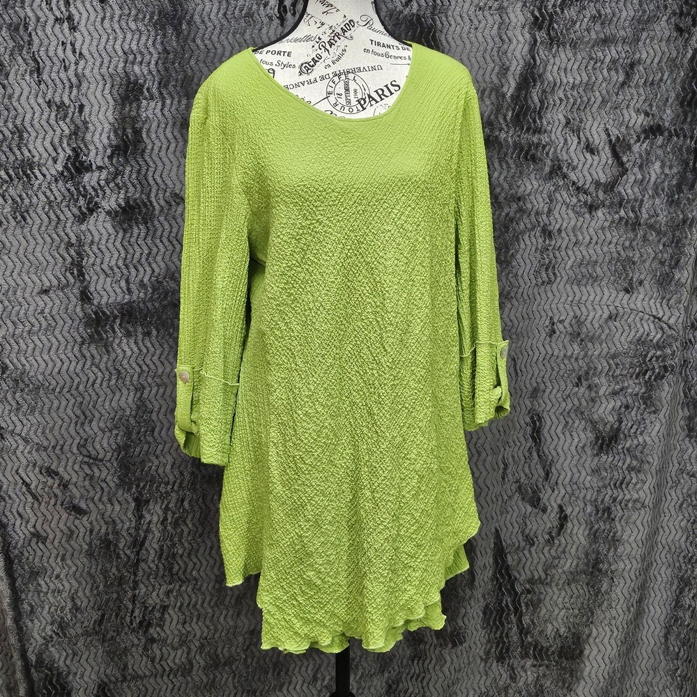 Ali Miles Tunic Top Womens M Green Asymmetrical Lagenlook Gauzy Artsy Boho Dress
